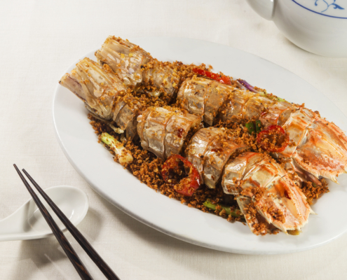 Fried Spicy Jumbo Mantis Shrimp with Chilli, Garlic and Salt