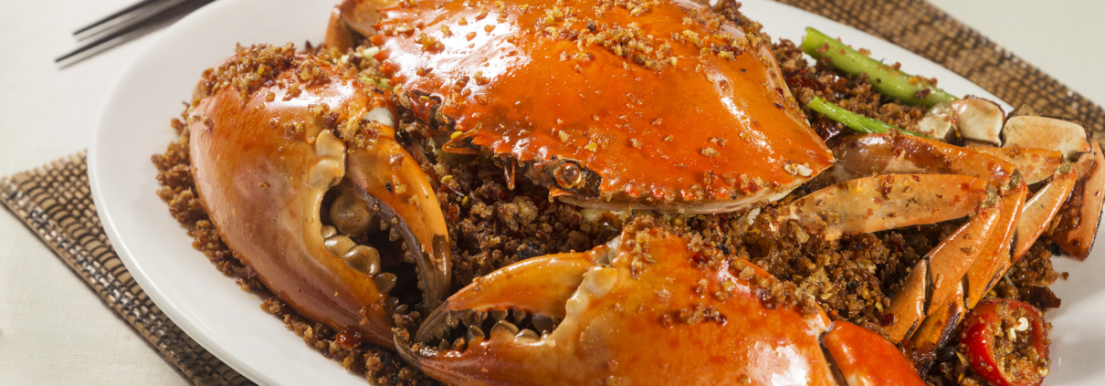 Traditional typhoon shelter style spicy Fried spicy jumbo mantis shrimp with chili, garlic stir-fry crab