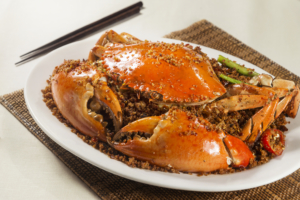 Traditional typhoon shelter style spicy Fried spicy jumbo mantis shrimp with chili, garlic stir-fry crab