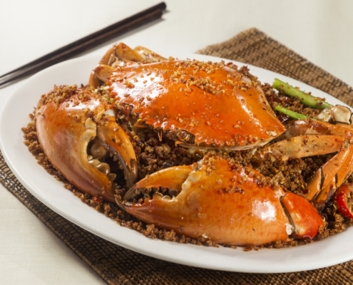 Traditional typhoon shelter style spicy Fried spicy jumbo mantis shrimp with chili, garlic stir-fry crab