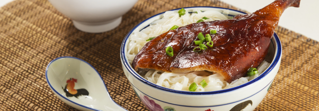 (Front) Roast duck white noodle in soup (Back) Boat people style congee