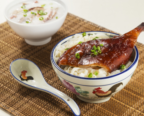 (Front) Roast duck white noodle in soup (Back) Boat people style congee